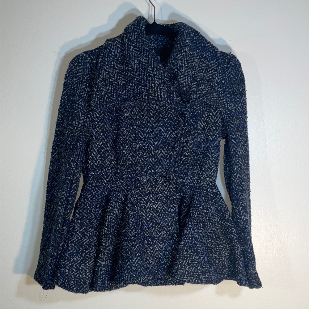 Free People Navy Textured Peplum Pea Coat Double Breasted Fitted Jacket Small